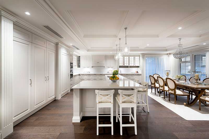 Hamptons style kitchen with large island benchtop